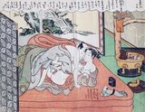 This shunga is no. 16 in Harunobu's series of 24 woodblock prints: 'Furyu enshoku Mane'emon' (風流艶色真似ゑもん  or 'Elegant Amorous Mane'emon'), Edo (Tokyo), 1770. Mane'emon lies unobserved on the side of the bed.<br/><br/>

Harunobu's Mane'emon series illustrate the voyeuristic adventures of a man named Ukiyonosuke who wanted to learn the secrets of love making. To attain this end he drank a magic elixir and became very small, taking the pseudonym ' Mane'emon'.<br/><br/>

Suzuki Harunobu (鈴木 春信, 1724 – July 7, 1770) was a Japanese woodblock print artist, one of the most famous in the Ukiyo-e style. He was an innovator, the first to produce full-color prints (nishiki-e) in 1765, rendering obsolete the former modes of two- and three-color prints.<br/><br/>

Harunobu used many special techniques, and depicted a wide variety of subjects, from classical poems to contemporary beauties (bijin, bijin-ga). Like many artists of his day, Harunobu also produced a number of shunga, or erotic images.<br/><br/>

During his lifetime and shortly afterwards, many artists imitated his style. A few, such as Harushige, even boasted of their ability to forge the work of the great master. Much about Harunobu's life is unknown.