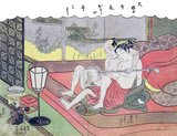 This shunga is no. 16 in Harunobu's series of 24 woodblock prints: 'Furyu enshoku Mane'emon' (風流艶色真似ゑもん  or 'Elegant Amorous Mane'emon'), Edo (Tokyo), 1770. Mane'emon lies unobserved on the side of the bed.<br/><br/>

Harunobu's  Mane'emon series illustrate the voyeuristic adventures of a man named Ukiyonosuke who wanted to learn the secrets of love making. To attain this end he drank a magic elixir and became very small, taking the pseudonym ' Mane'emon'.<br/><br/>

Suzuki Harunobu (鈴木 春信, 1724 – July 7, 1770) was a Japanese woodblock print artist, one of the most famous in the Ukiyo-e style. He was an innovator, the first to produce full-color prints (nishiki-e) in 1765, rendering obsolete the former modes of two- and three-color prints.<br/><br/>

Harunobu used many special techniques, and depicted a wide variety of subjects, from classical poems to contemporary beauties (bijin, bijin-ga). Like many artists of his day, Harunobu also produced a number of shunga, or erotic images.<br/><br/>

During his lifetime and shortly afterwards, many artists imitated his style. A few, such as Harushige, even boasted of their ability to forge the work of the great master. Much about Harunobu's life is unknown.
