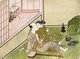 Japan: Sexual foreplay - a young couple engaged in sexual foreplay, a tea service and shamisen lying beside them on the tatami mats. Suzuki Harunobu (1724-1770)